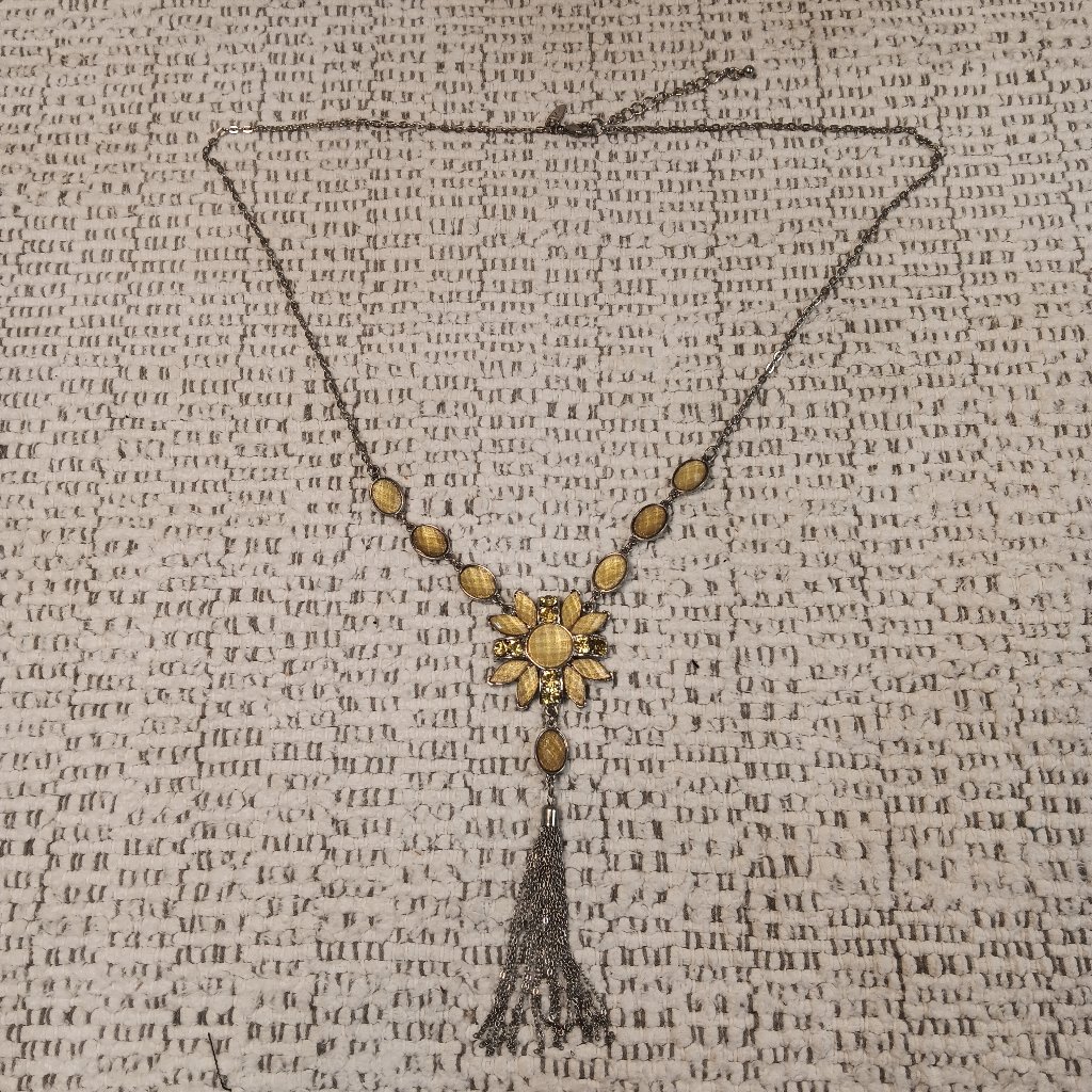 Ny Collection Yellow Faceted Cabochons & Rhinestones Amulet Necklace W/ Tassel